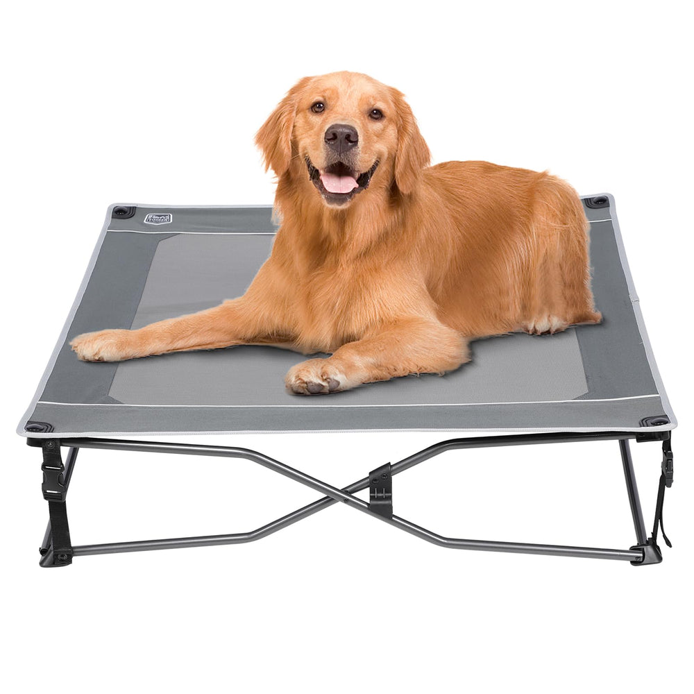 TIMBER RIDGE outdoor dog bed folds quickly for easy transport.