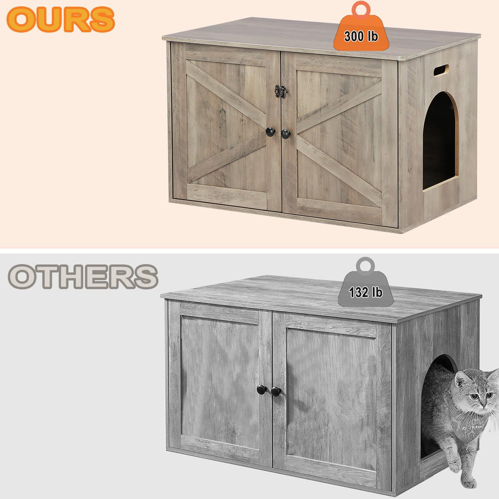 Timberer cat litter enclosure greige finish blends with modern decor