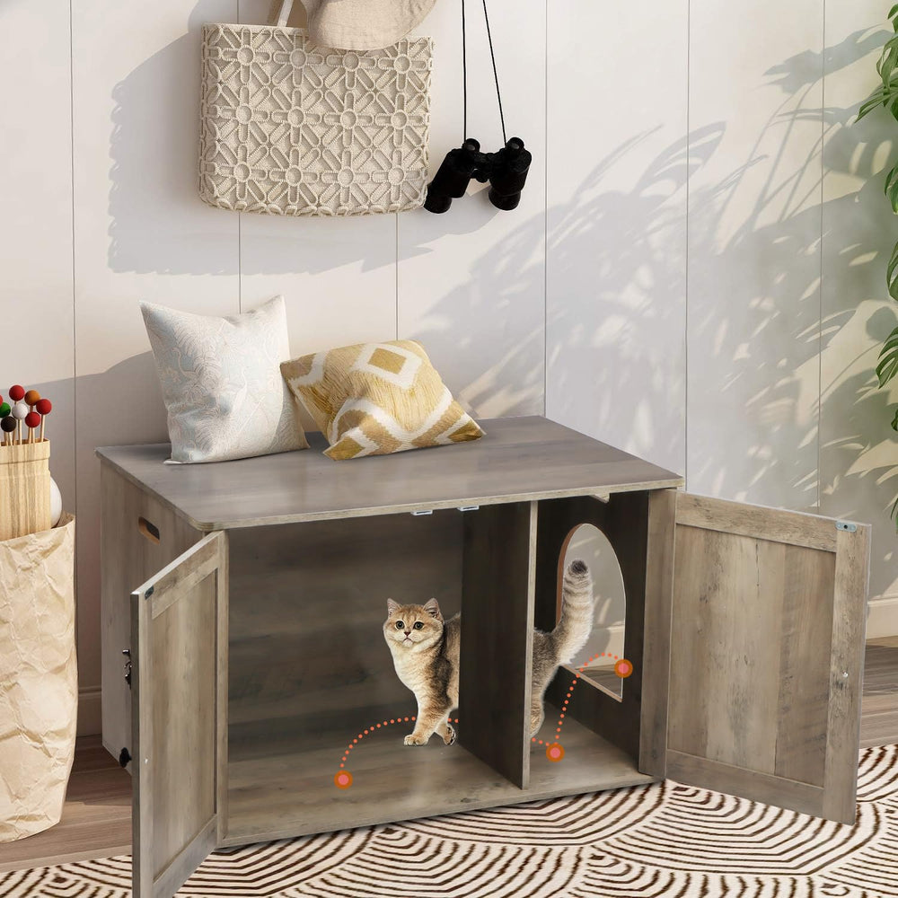 Timberer cat litter enclosure fits neatly in any room setup