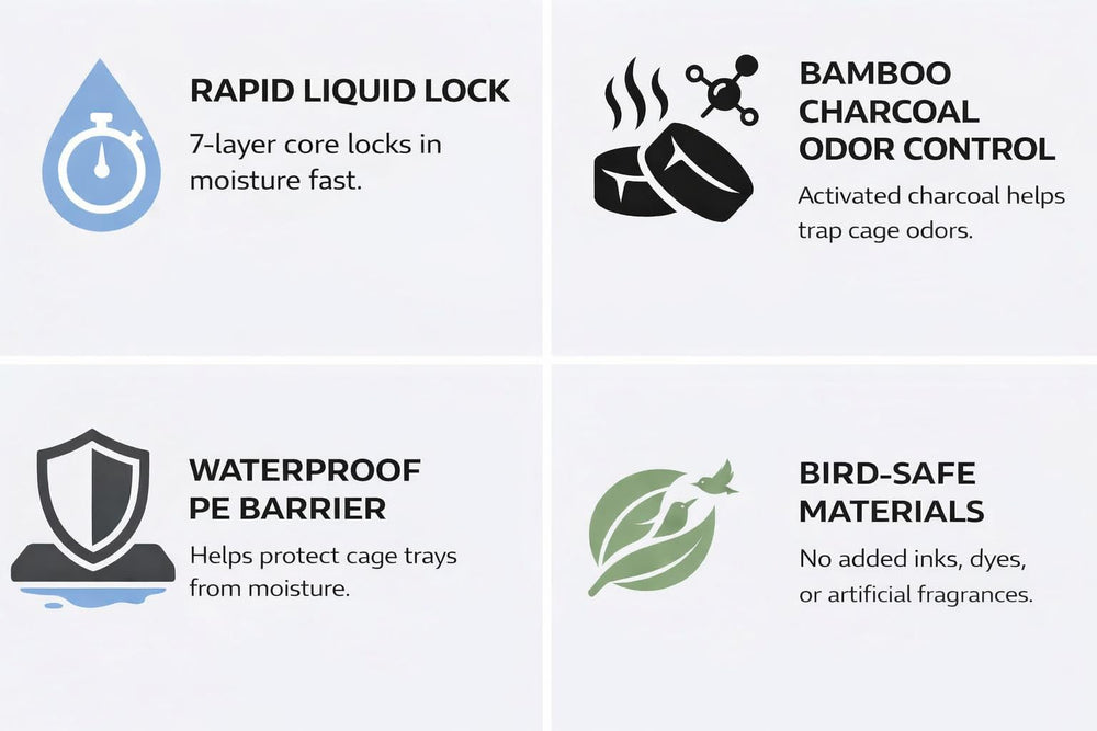 Activated bamboo charcoal reduces ammonia odors naturally in the cage.