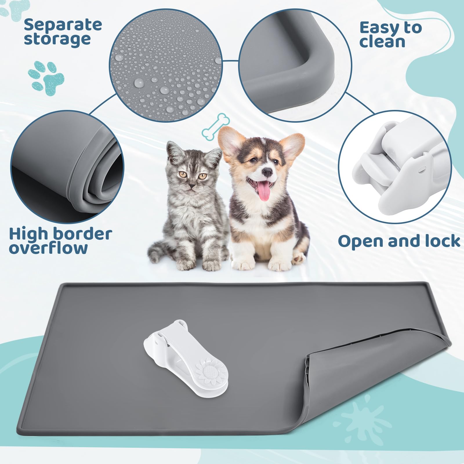 Timgle no-spill raised rim catches liquids and keeps floors clean
