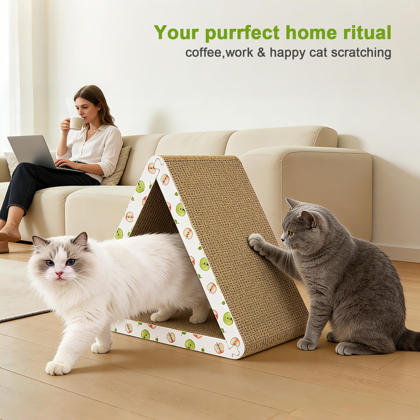 TIMHAKA triangle cat scratcher stores flat for compact under-bed storage.