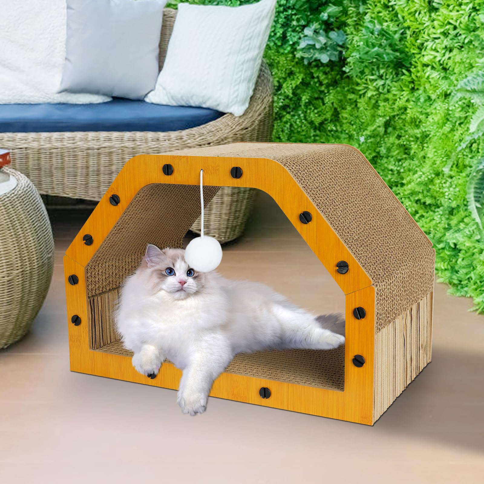 TIMIEEYA cardboard cat house cozy-lounge with tunnel supports relaxed observation.