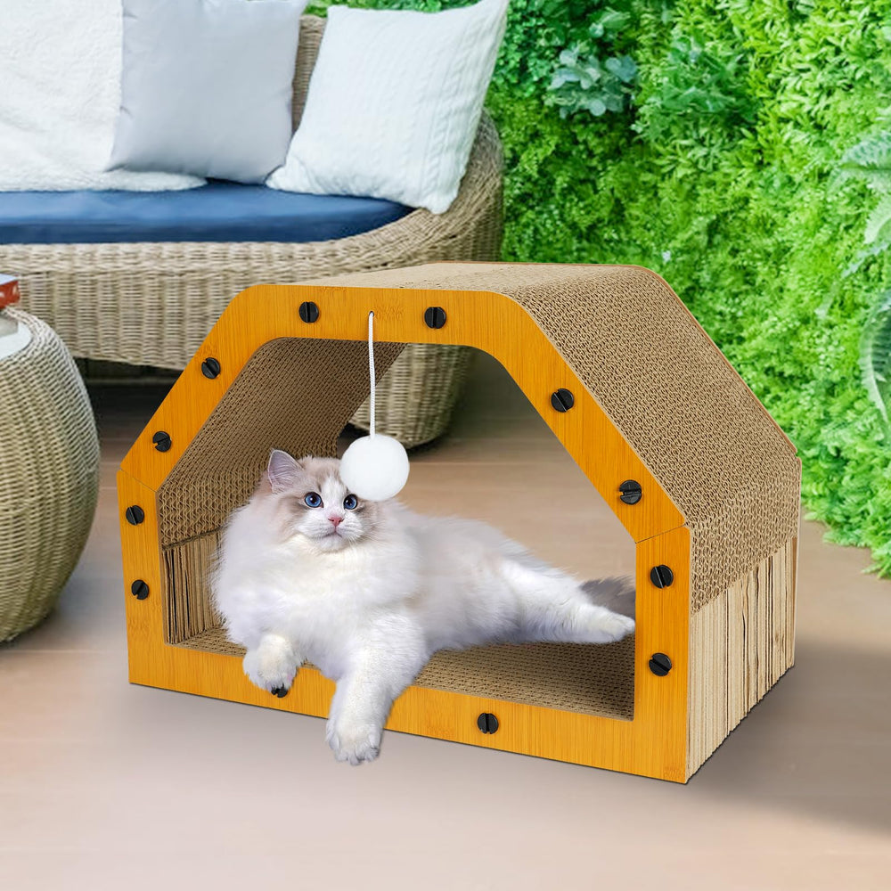 TIMIEEYA cardboard cat house cozy-lounge with tunnel supports relaxed observation.