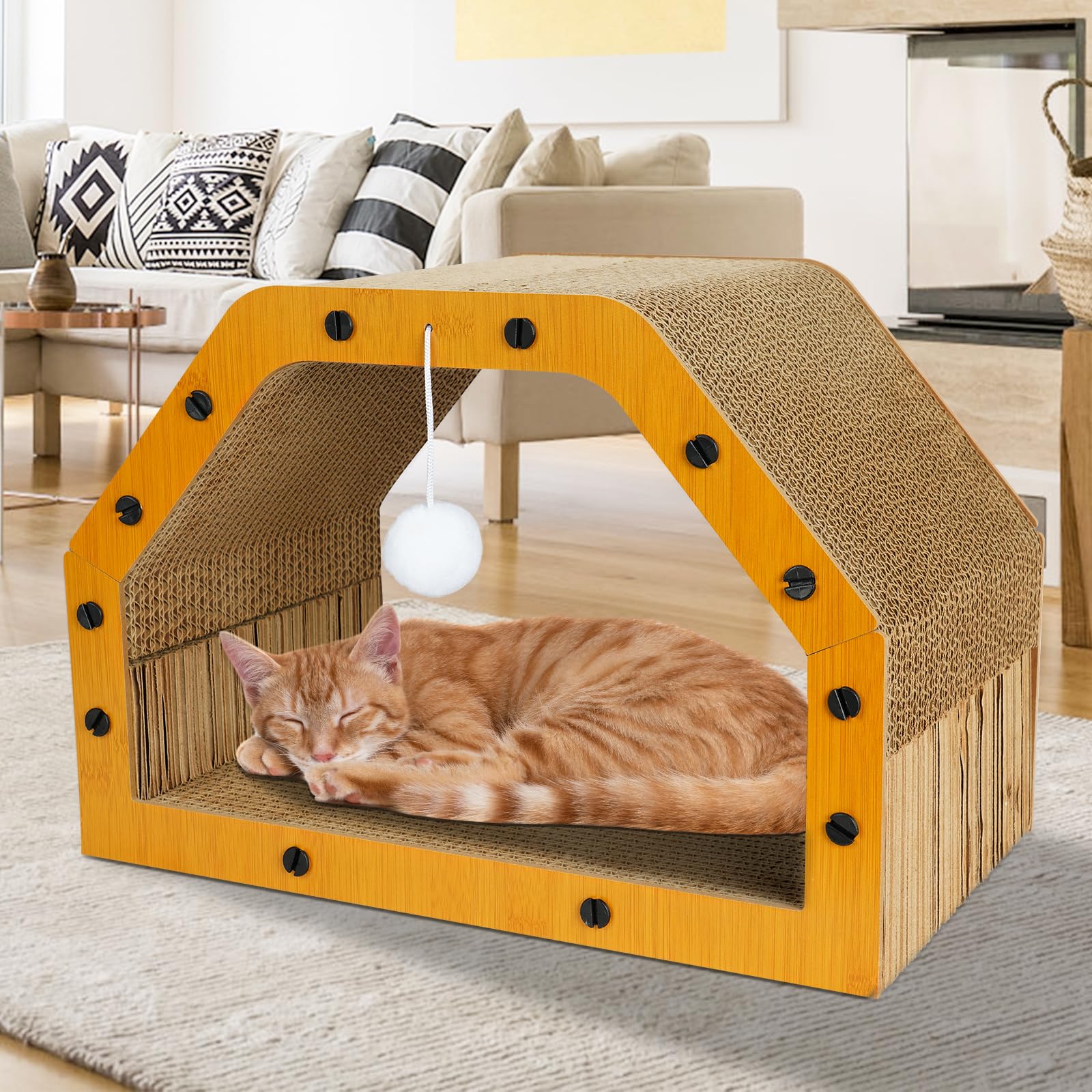 TIMIEEYA cardboard cat house kittens-play highlights a cozy retreat for exploration.