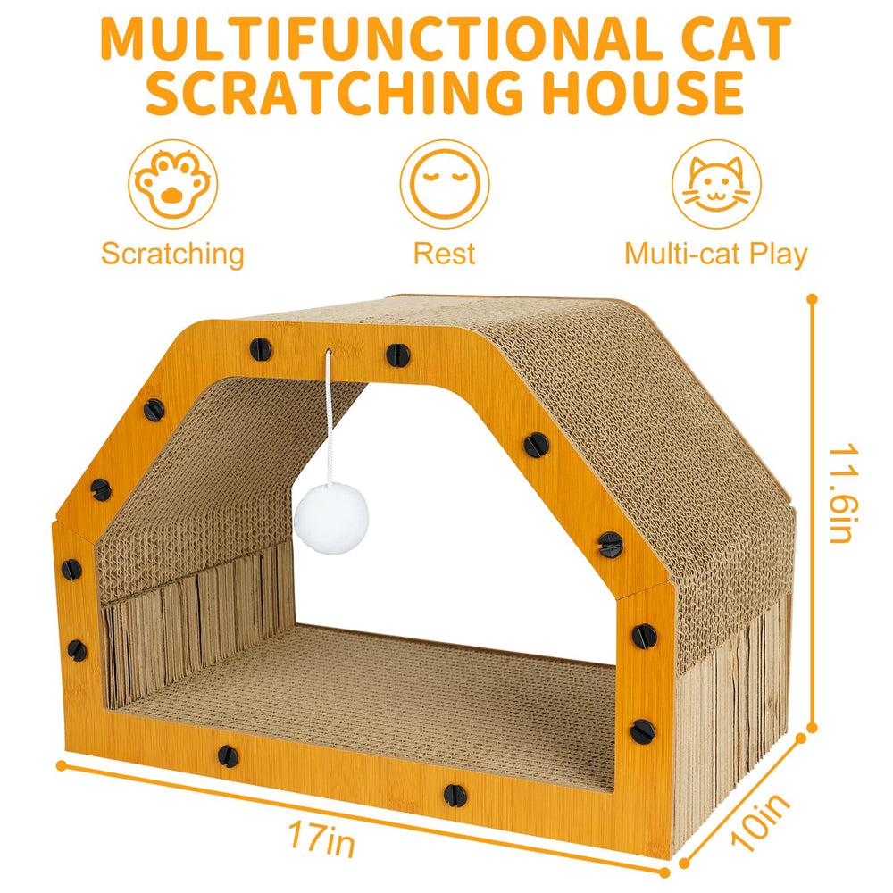 TIMIEEYA cardboard cat house scratching side demonstrates dual surfaces for claws.
