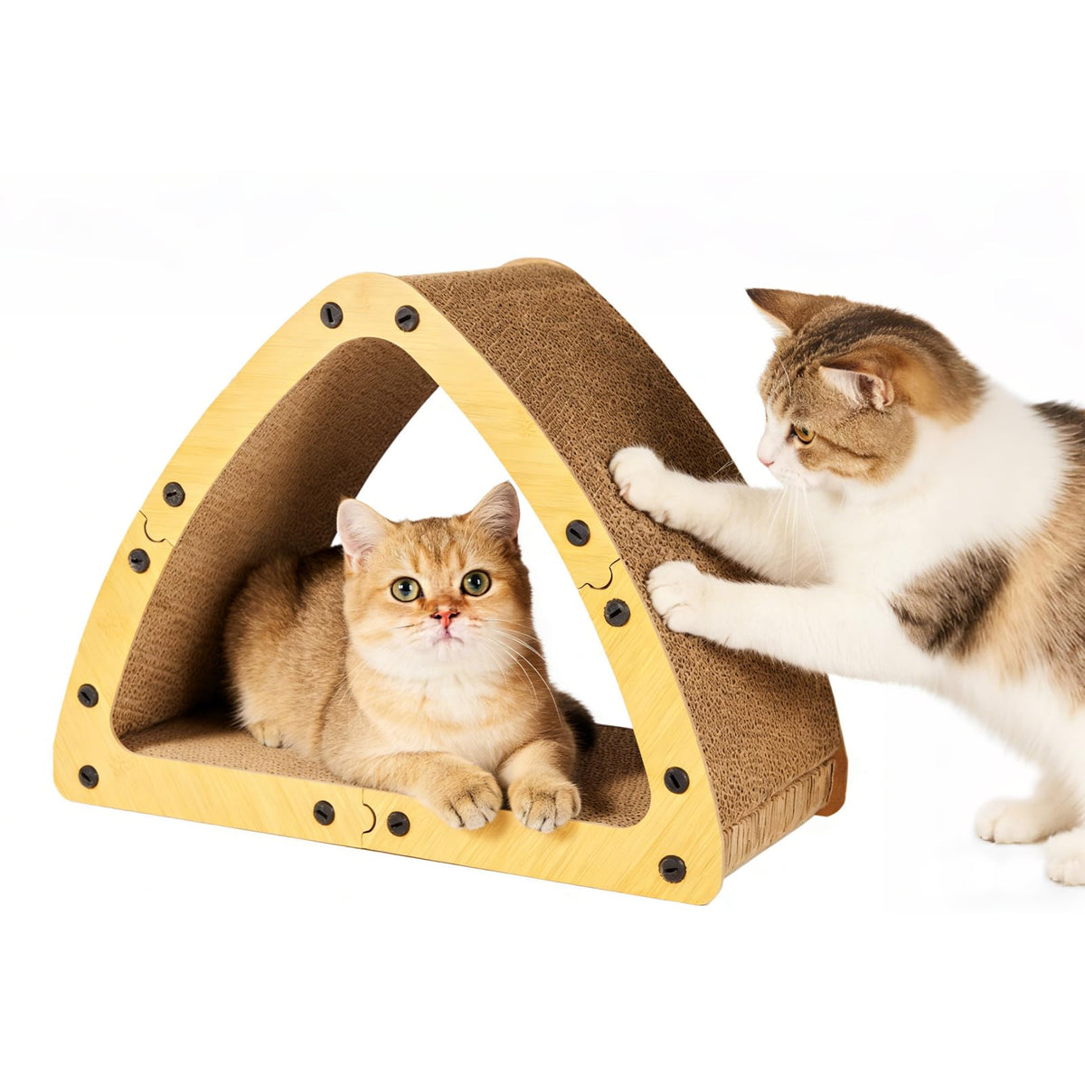 TIMIEEYA triangle cat house roof scratcher offers a playful perch for cats.