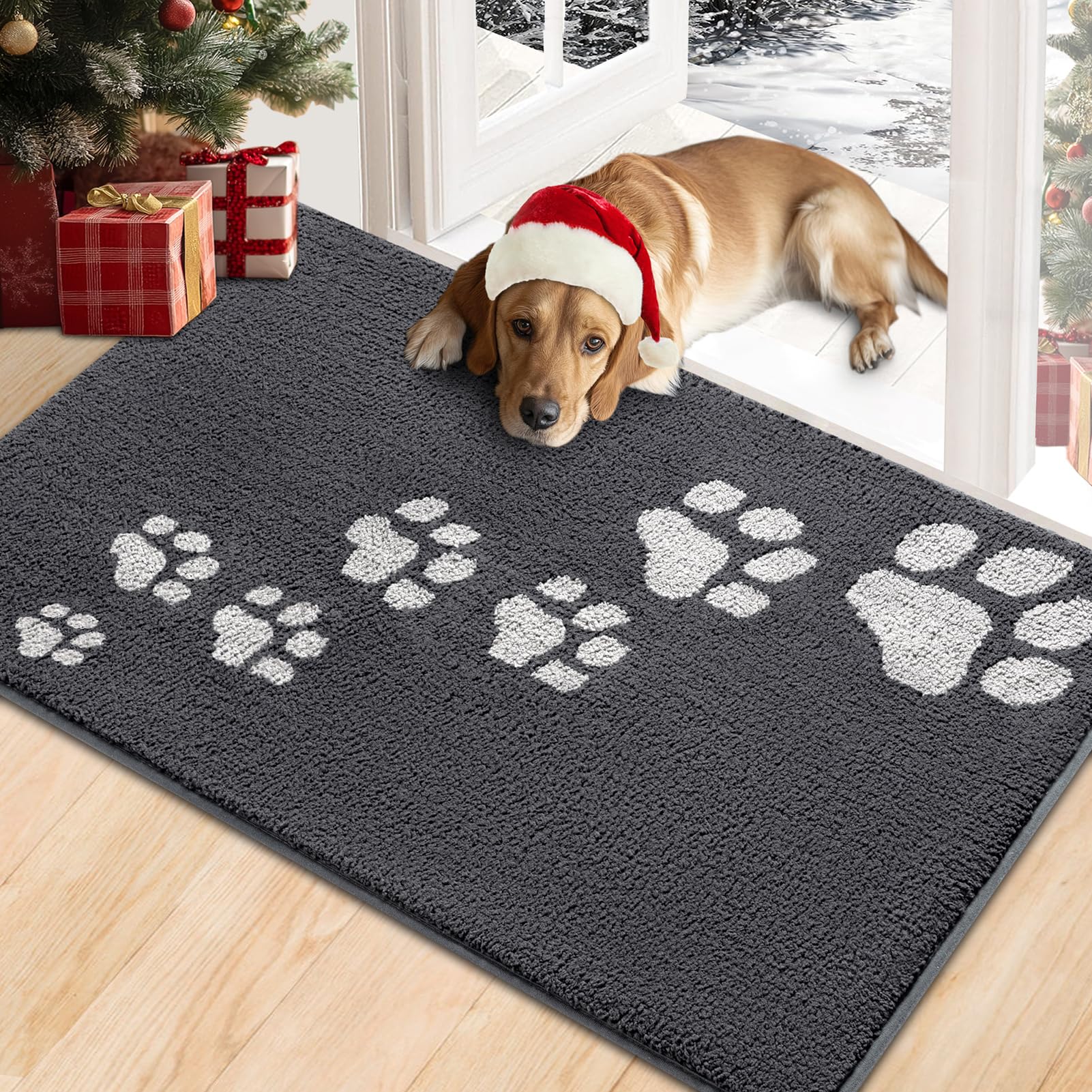 Timo dog door mat with muddy-paws design absorbs moisture at the entry.