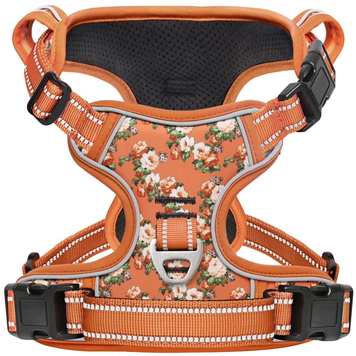 Timos flower orange dog harness front view for daily walks