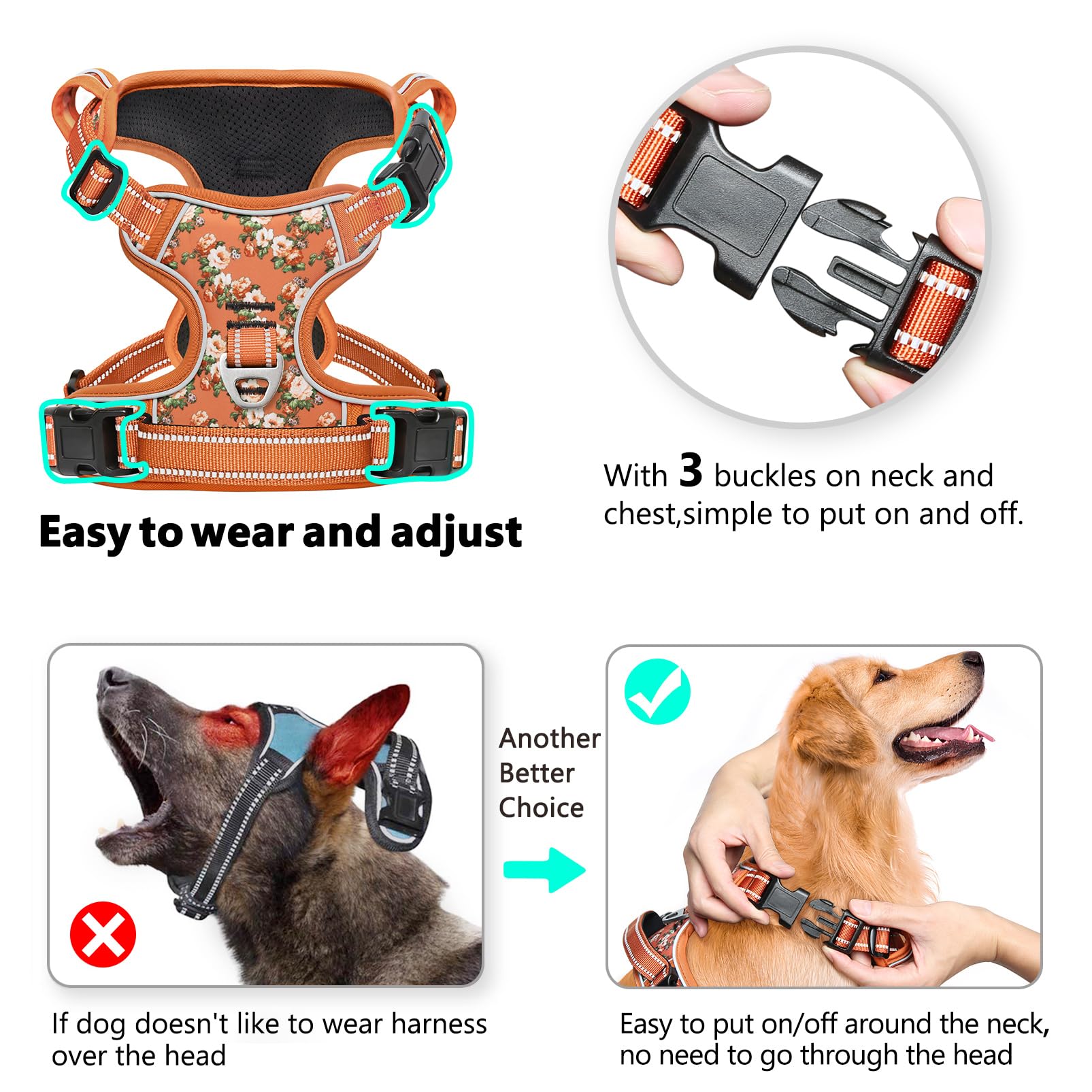 Timos flower orange dog harness side view highlighting visibility