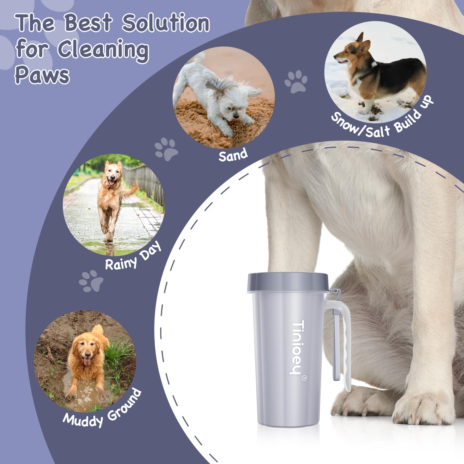 Tinioey paw cleaner with handle for large dogs, side view, secure grip during cleaning.
