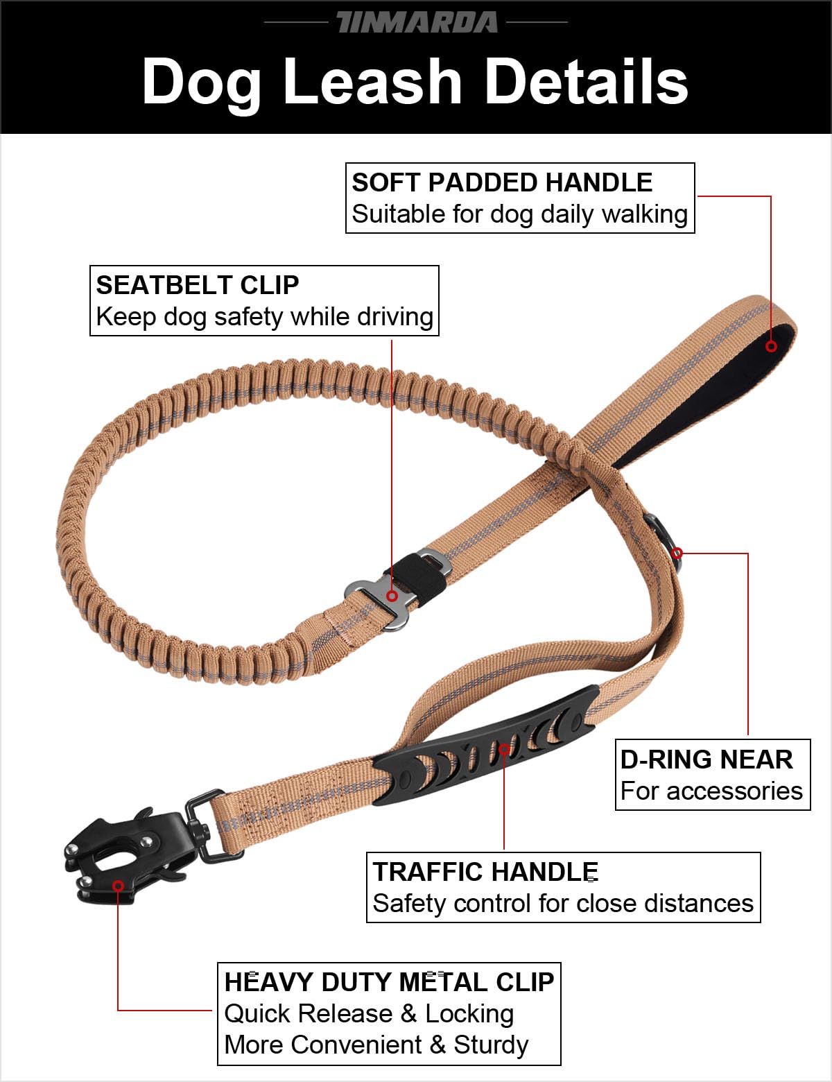Tinmarda seatbelt clip leash keeps dogs buckled safely in cars.