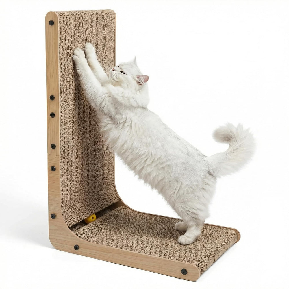 Tiny Pets L-shaped cat scratcher in corner view protects furniture while inviting playful scratching.
