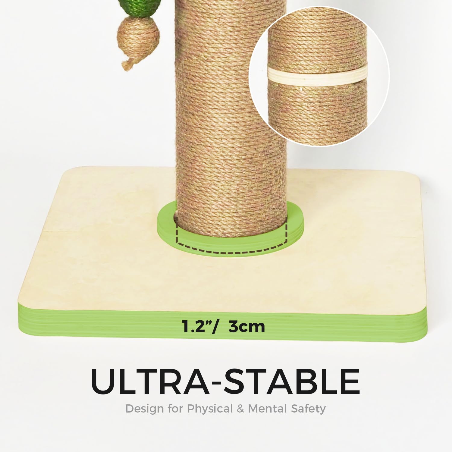 TinyBeast wooden sisal post showcases natural material for clawing and stretching.