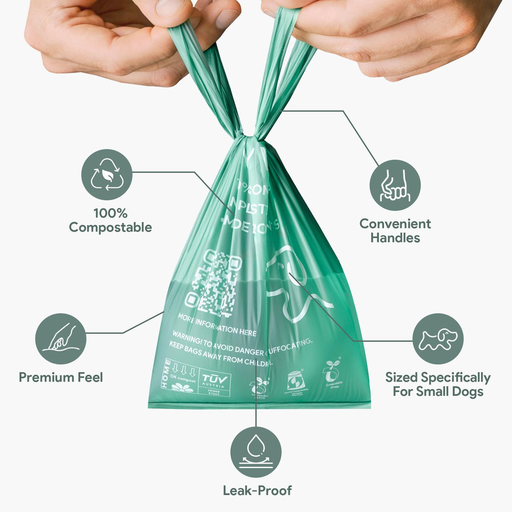 Tiny Woof Mini Bags plant-based material for eco-friendly pet waste disposal.