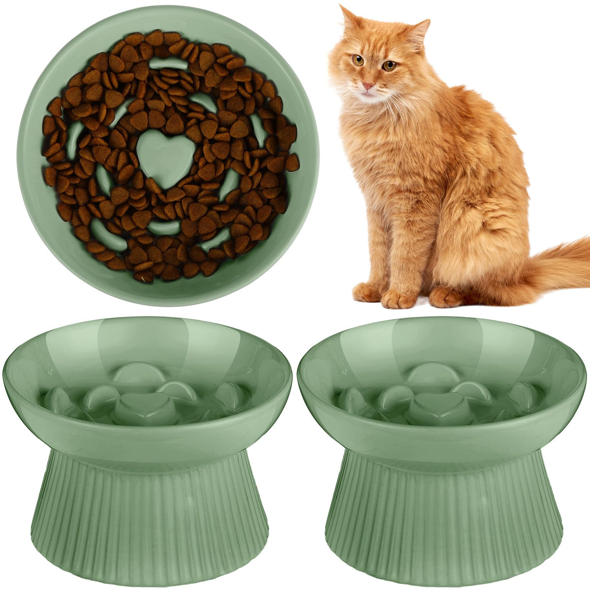 Tioncy raised slow feeder cat bowl in sage green for mess-free meals
