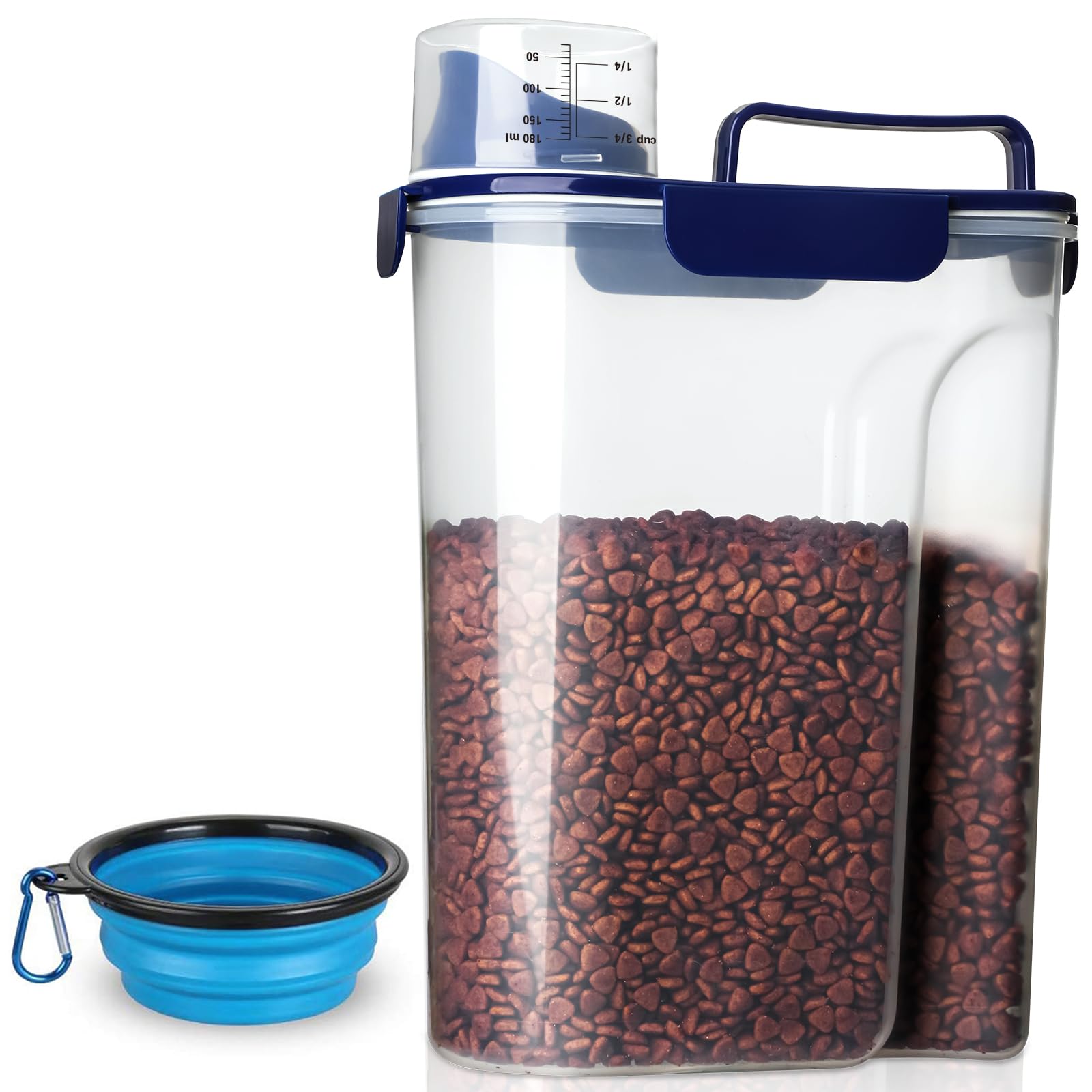 TIOVERY navy blue dog food container with airtight seal for freshness.