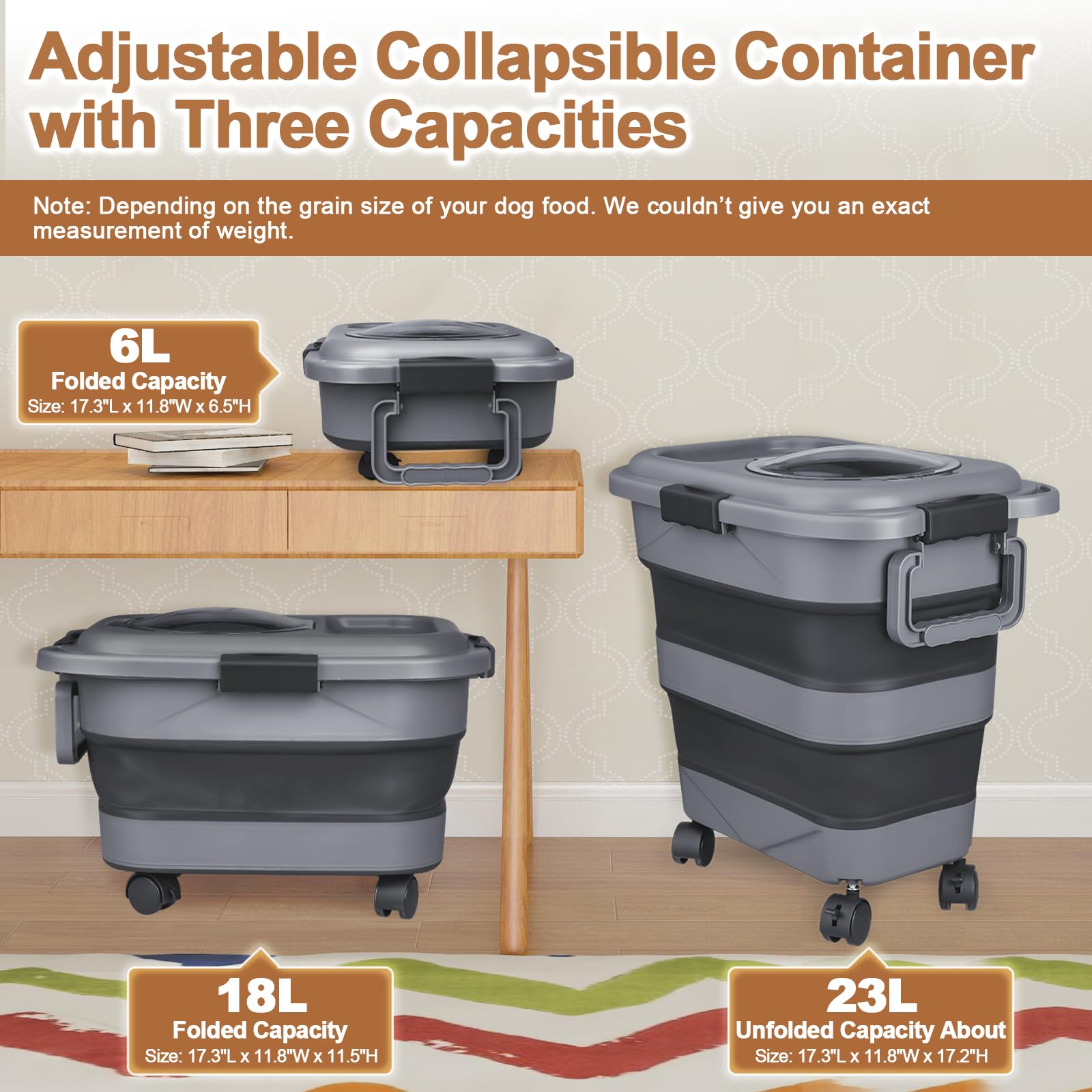 TIOVERY dog food storage container side view with wheels for easy transport