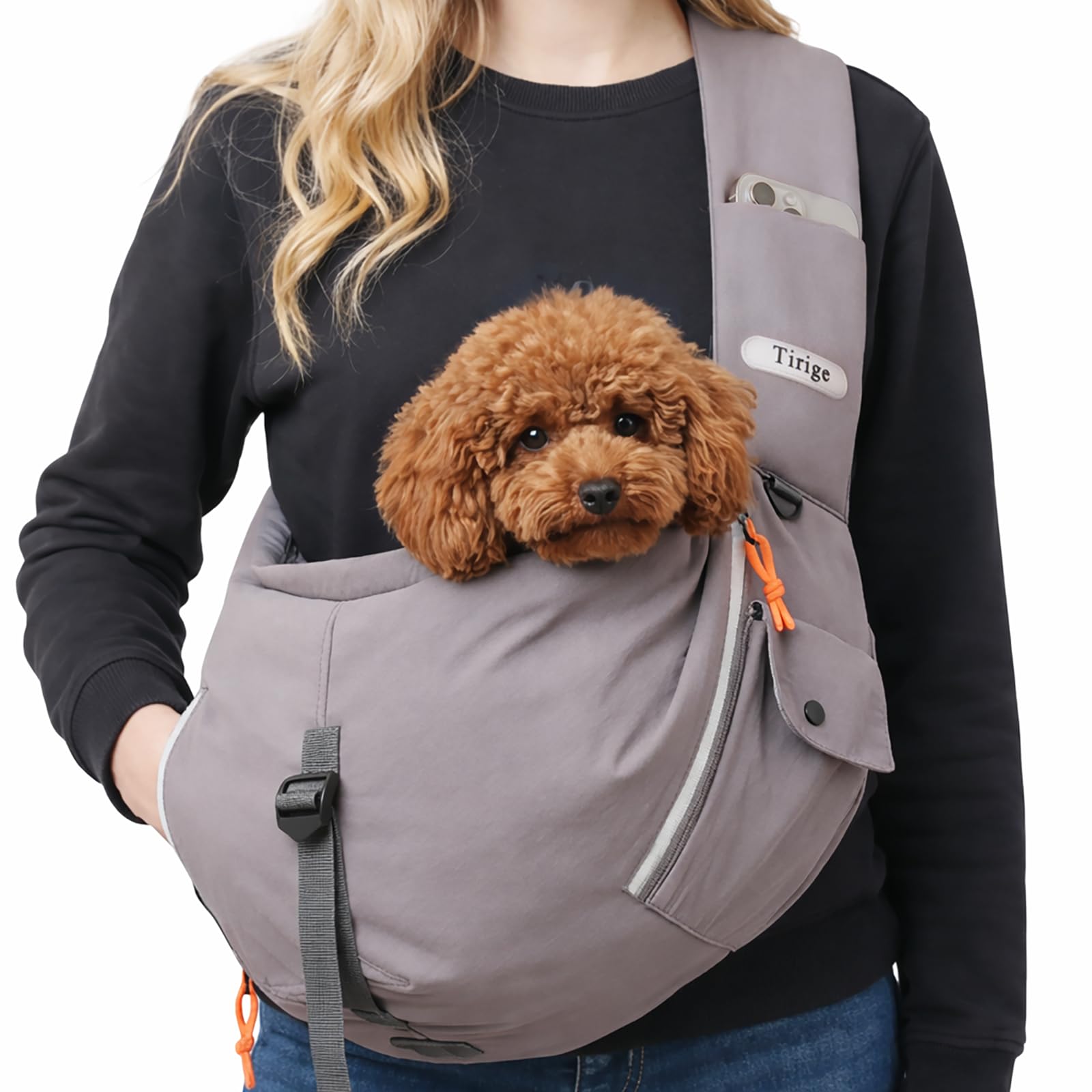 Tirige pet sling carrier front pockets for quick access during walks