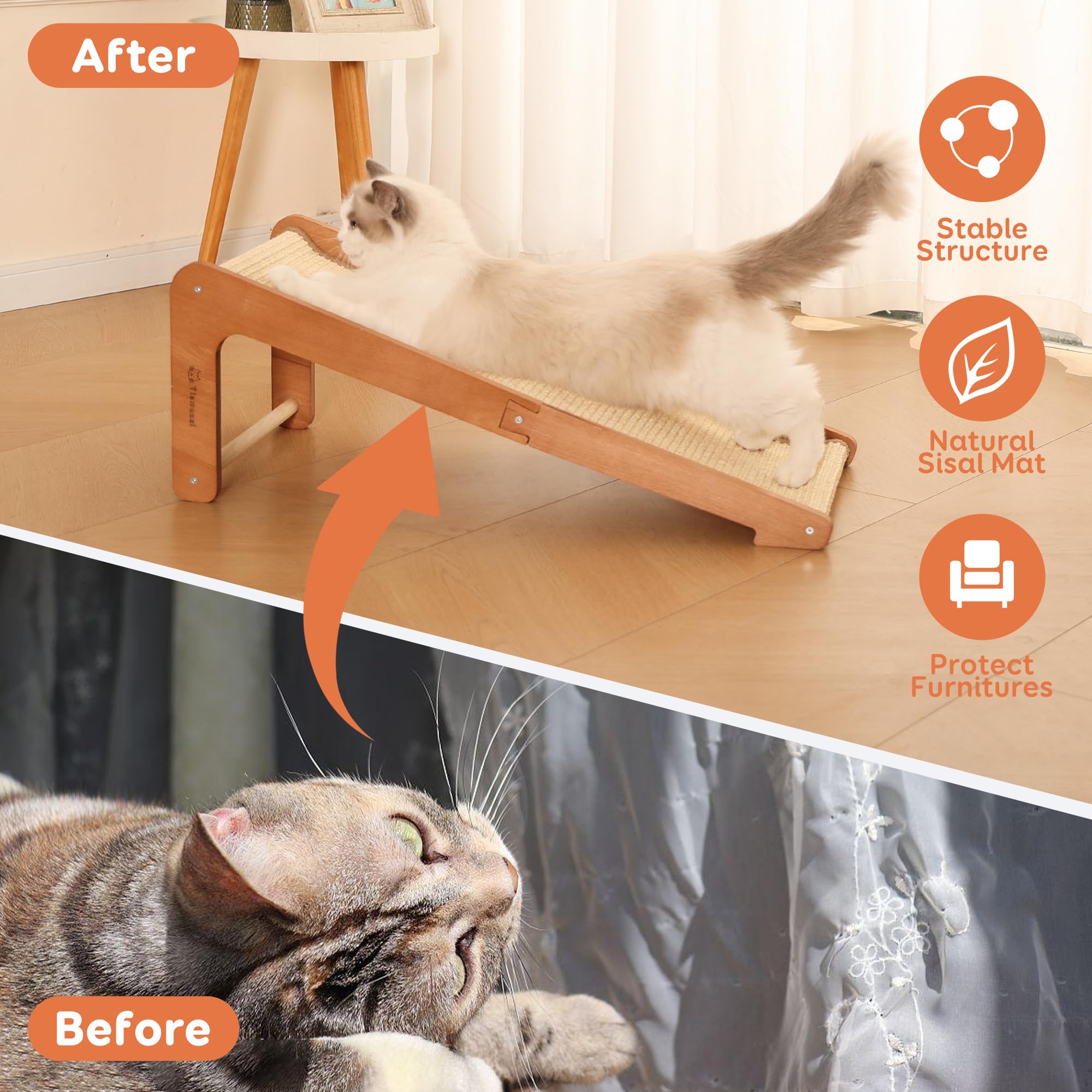 Tismucel sisal-scratcher-in-use demonstrates cat activity and stretching while scratching.