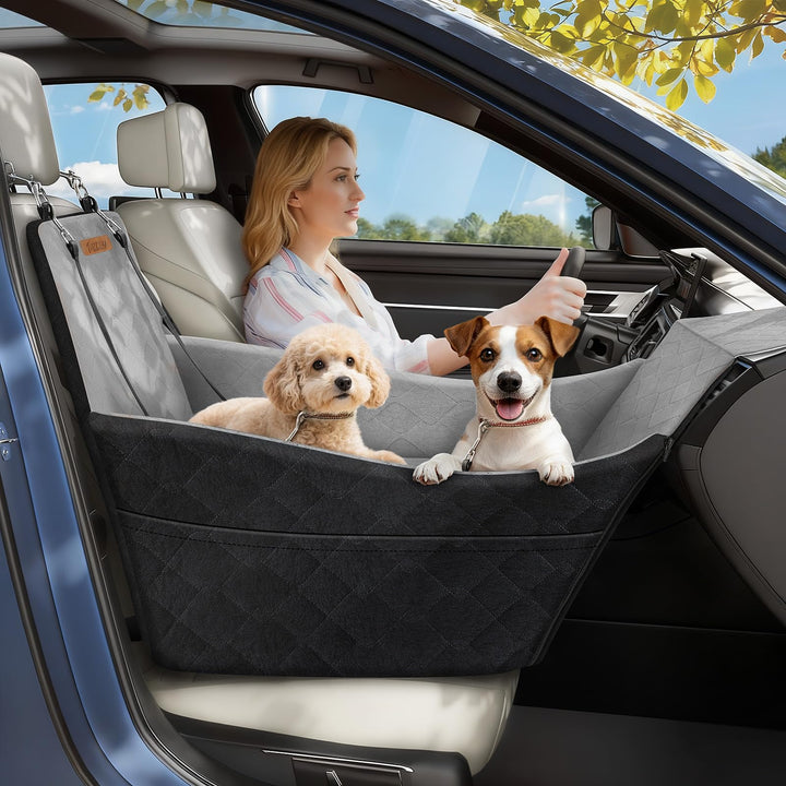 Tivray Elevated Dog Seat front view highlights boosted visibility for calmer rides.