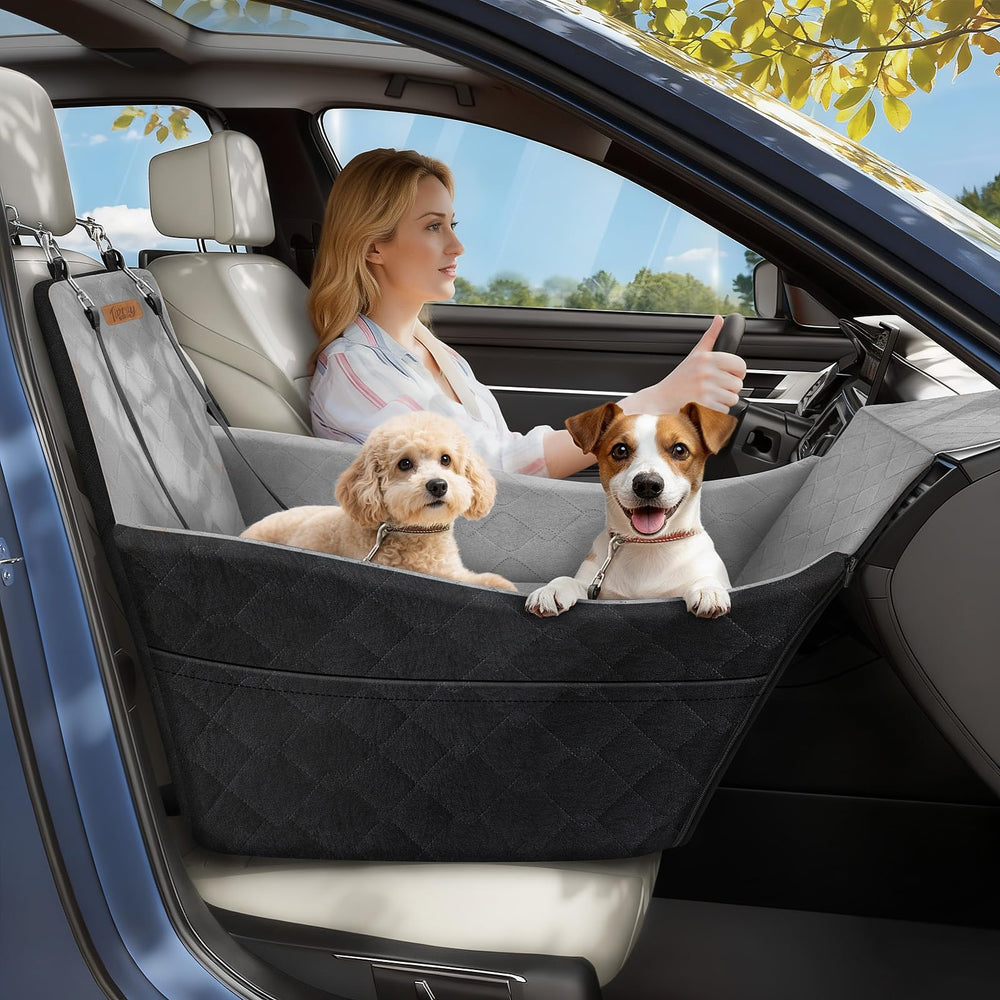 Tivray Elevated Dog Seat front view highlights boosted visibility for calmer rides.