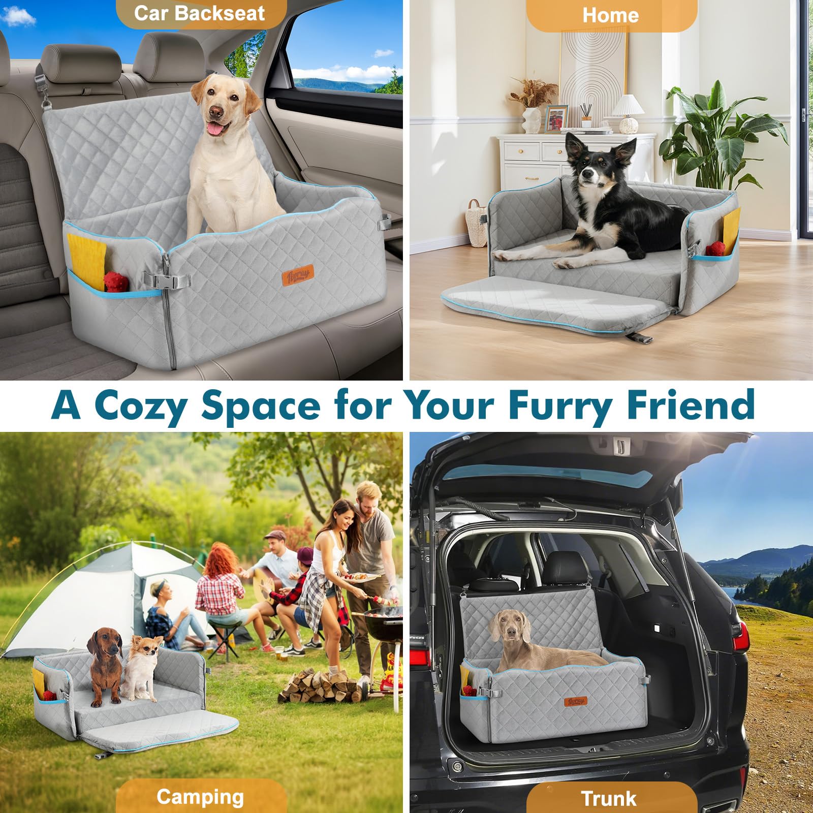Tivray side pockets store treats and toys for travel.