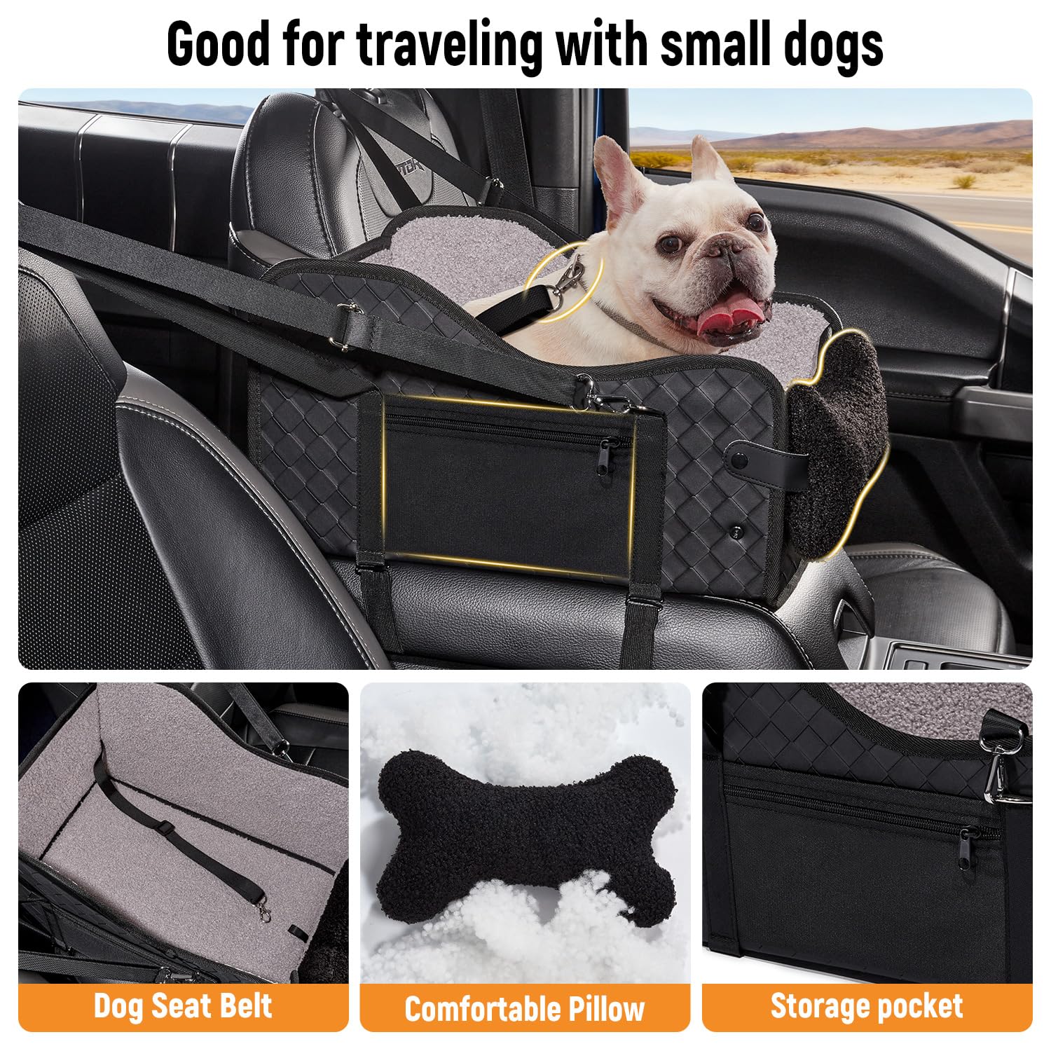 TKYZ center console dog car seat in a full-size truck, secure and comfy.