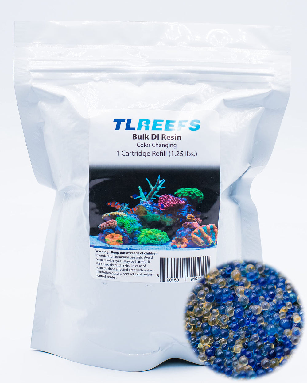 TL Reefs DI resin color-change indicator showing purple to amber exhaustion signal.