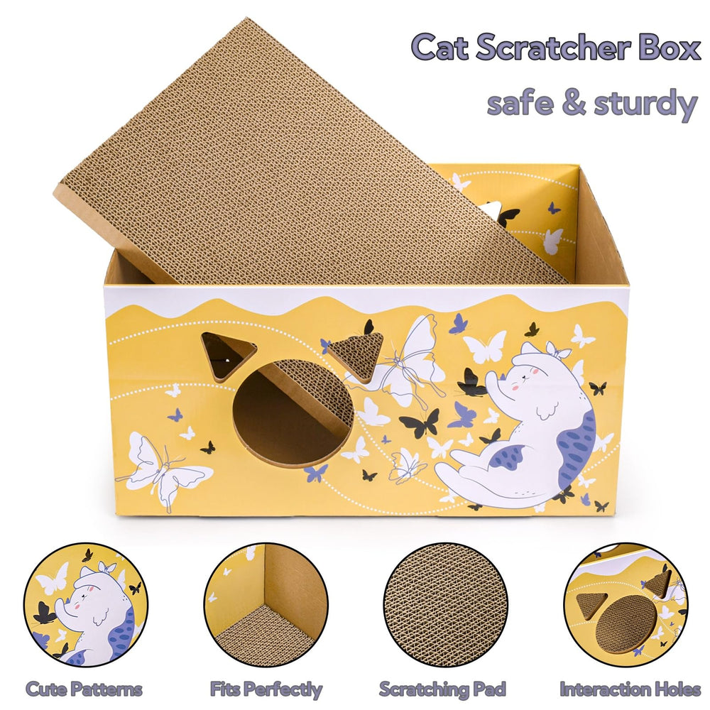 Tlence two-pack cat hideaway opened to reveal double-sided scratch pad for versatile play