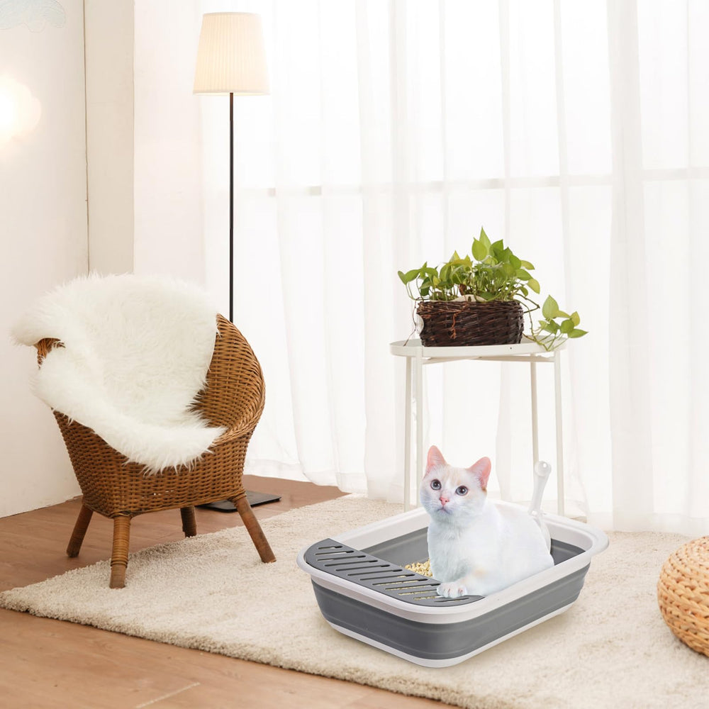 Tlence grey cat litter box used as multi-use space for travel and more