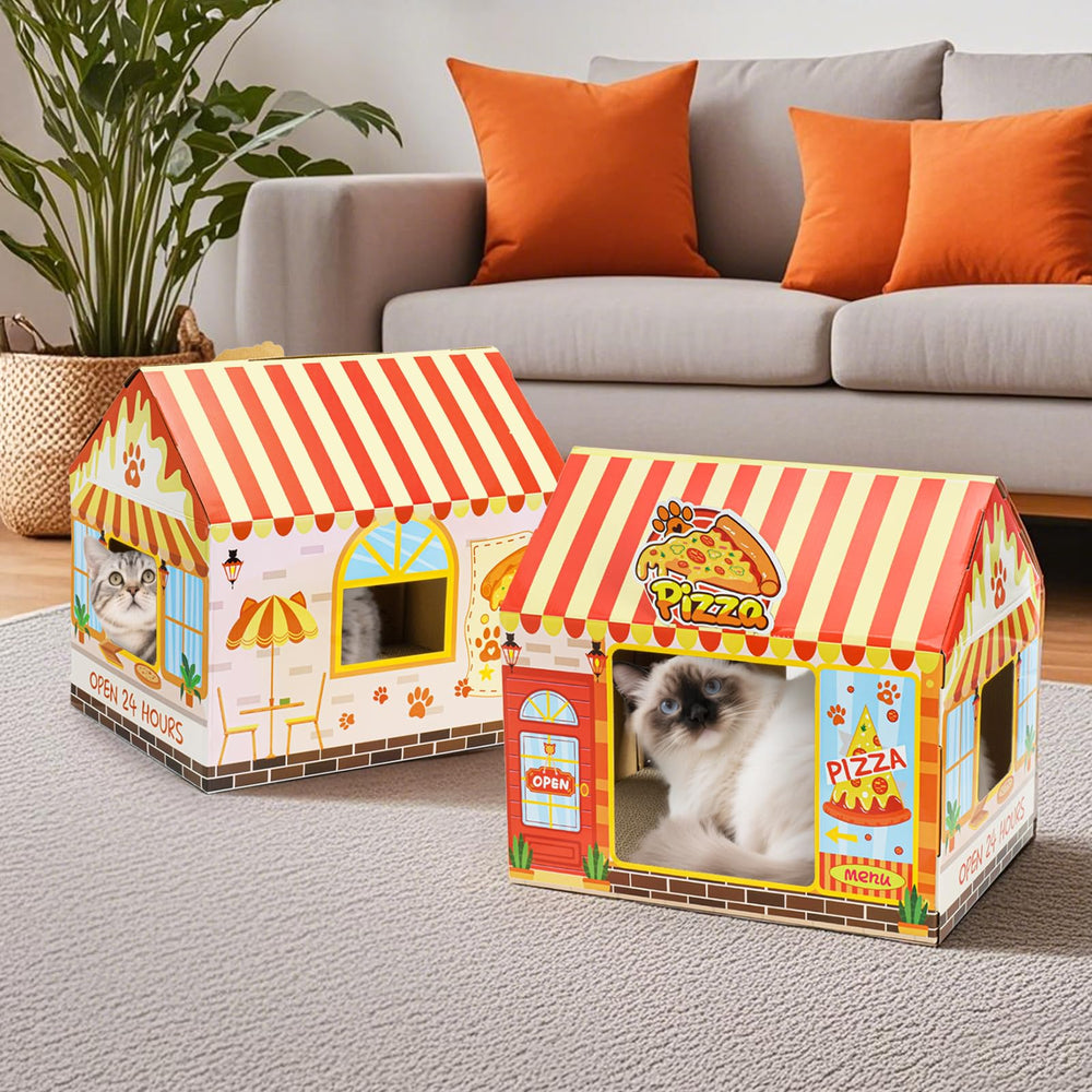 Tlence pizza shop cat house assembly steps illustration.
