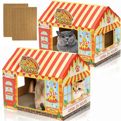 Tlence pizza shop cat house front view, cozy hideaway for indoor cats.
