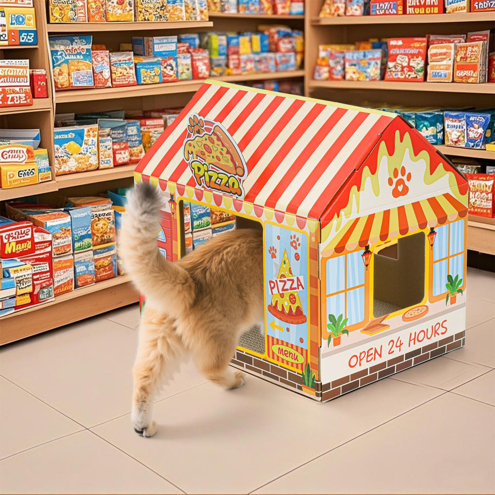 Tlence pizza shop cat house in use with a content cat.