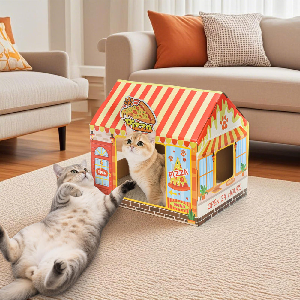 Tlence pizza shop cat house packaging and tool-free setup.