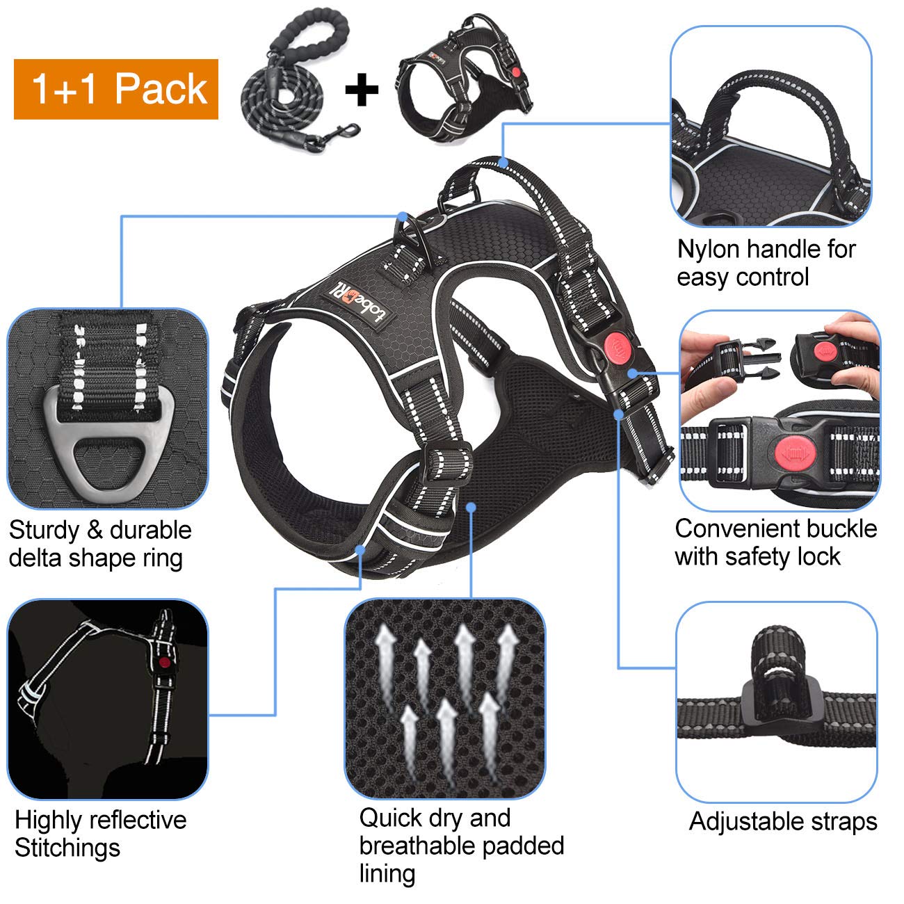 tobeDRI Adjustable dog harness with neck and chest straps for precise fit.