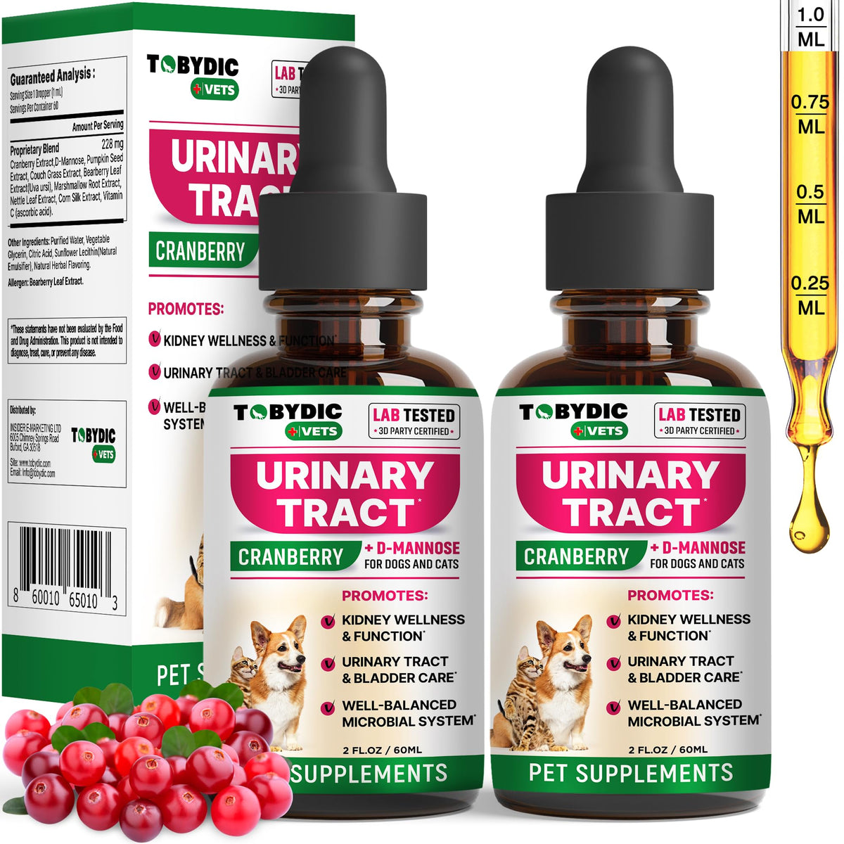 TOBYDIC UTI support bottle for cats and dogs promotes kidney and bladder wellness.