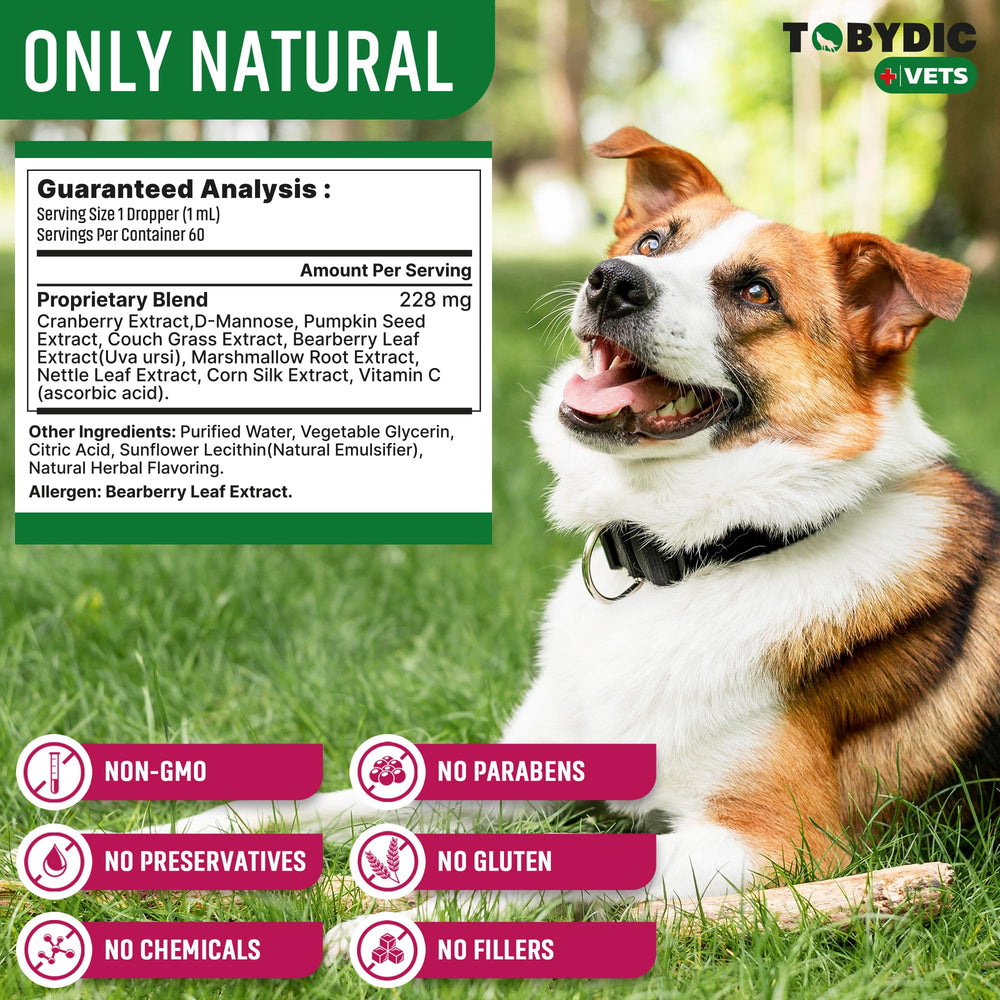 Herbal cranberry blend and pumpkin seed notes on TOBYDIC UTI support ingredients.