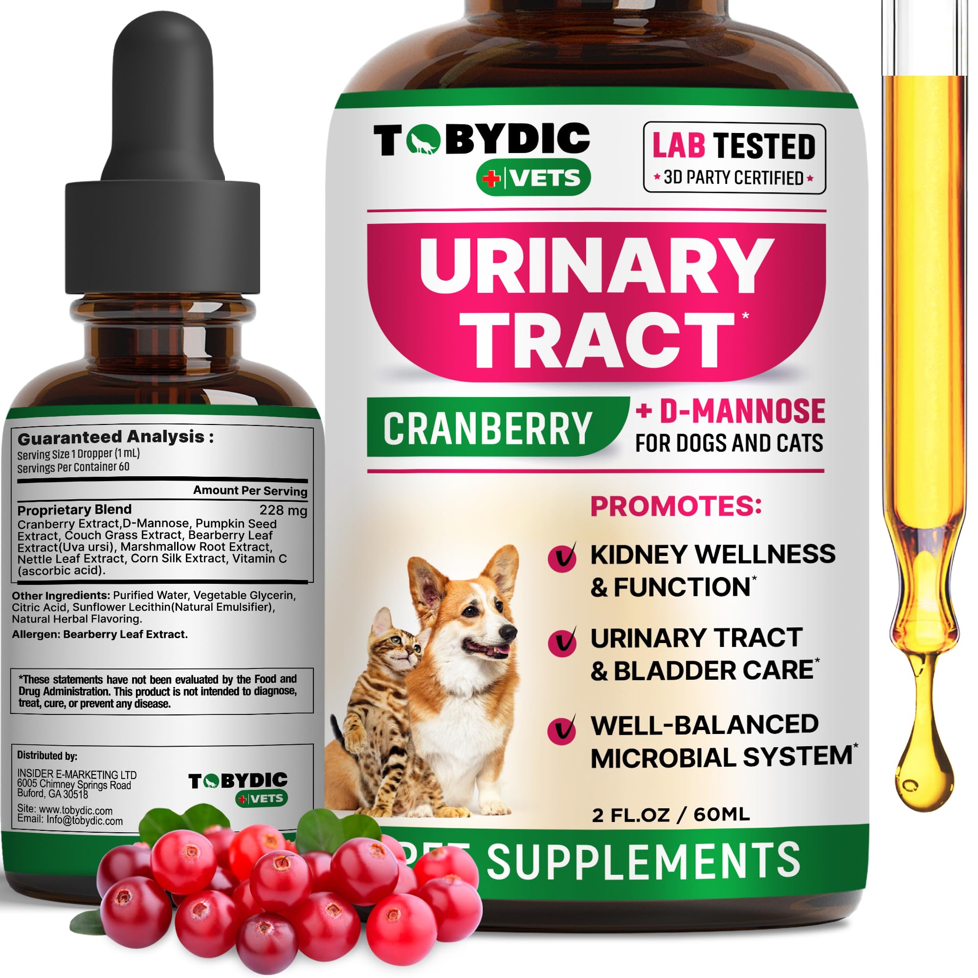 TOBYDIC UTI treatment bottle with drops for cats and dogs, urinary comfort.