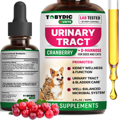 TOBYDIC UTI treatment bottle with drops for cats and dogs, urinary comfort.