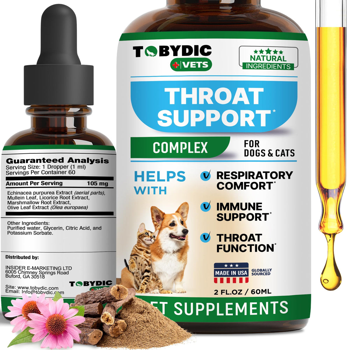 TOBYDIC kennel cough bottle showing natural relief concept for dogs and cats