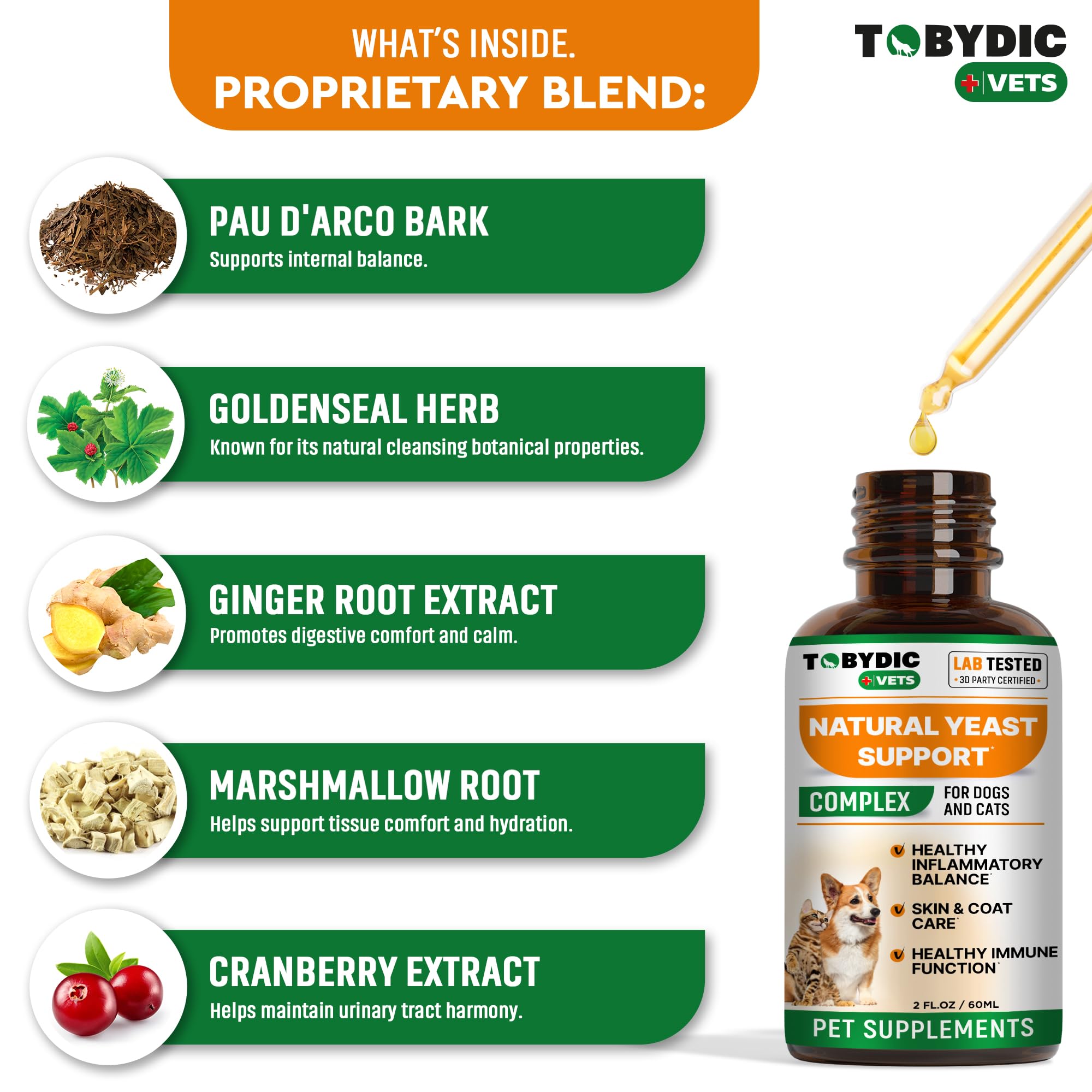 TOBYDIC herbal remedy for pets with yeast discomfort supports overall comfort.