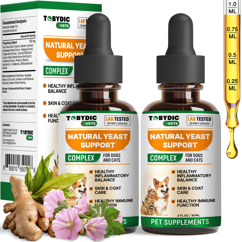 TOBYDIC bottle pour showing herbal yeast relief drops for dogs.