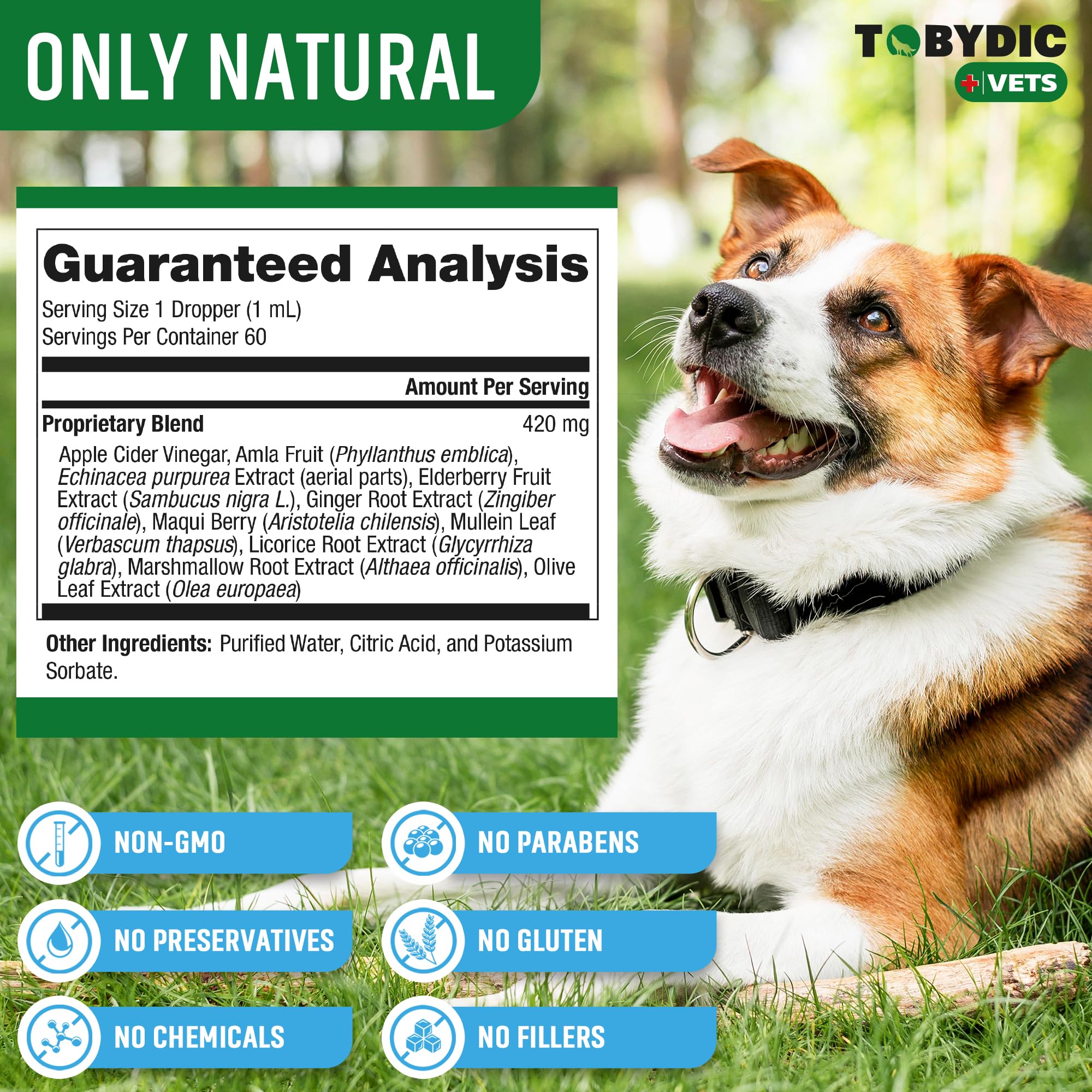 TOBYDIC pet wellness scene with bottle demonstrating gentle, herbal relief