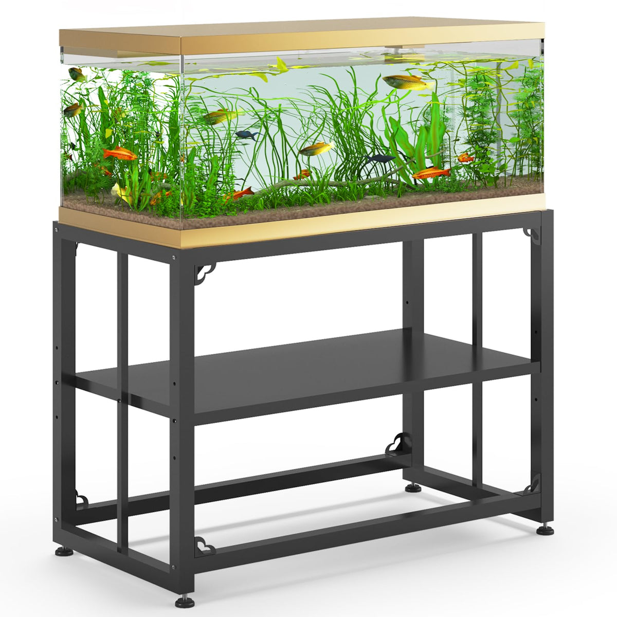 TOCRETOARE fish tank stand front view showing sturdy metal frame and 660 lb capacity.
