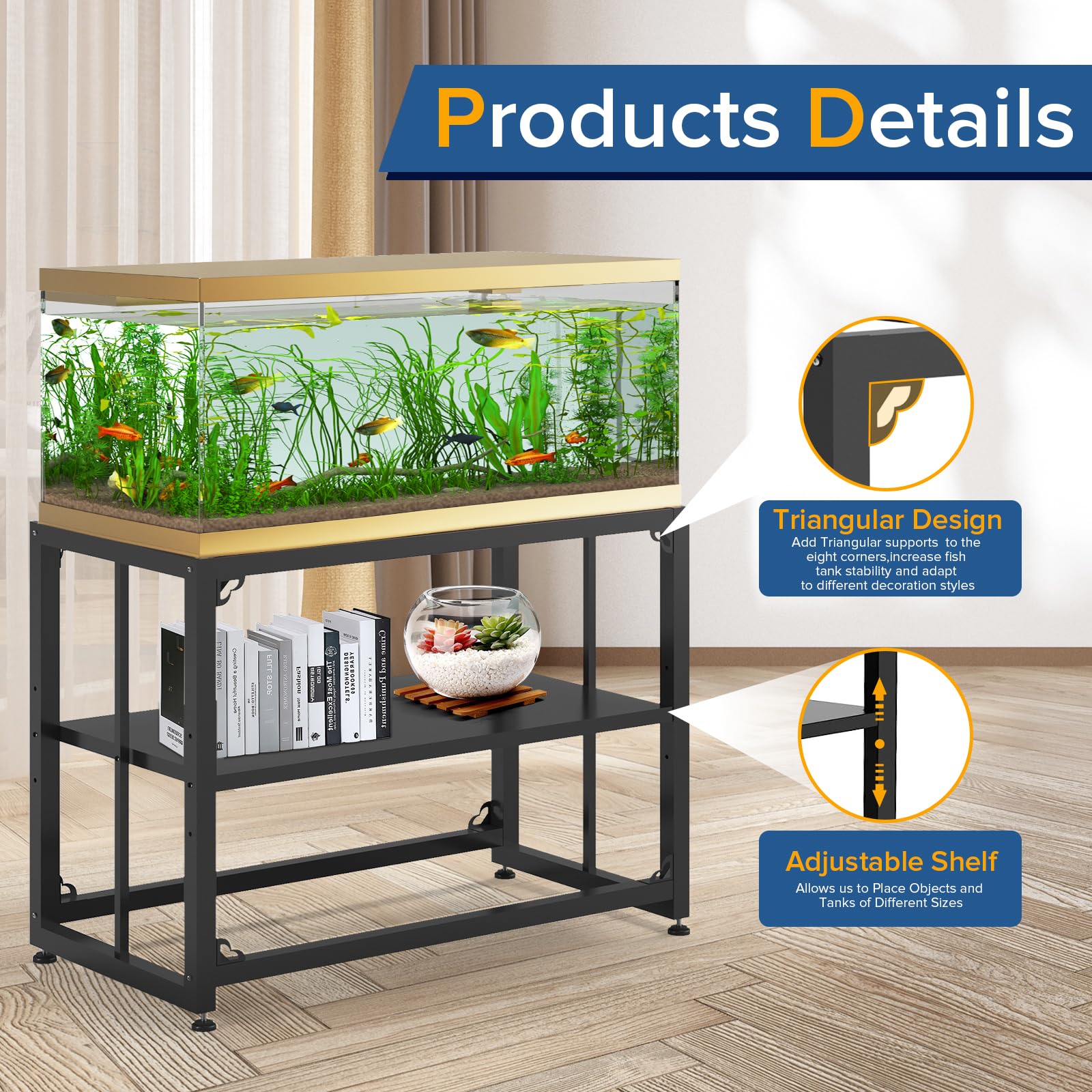 TOCRETOARE fish tank stand side view highlighting robust frame and structure.