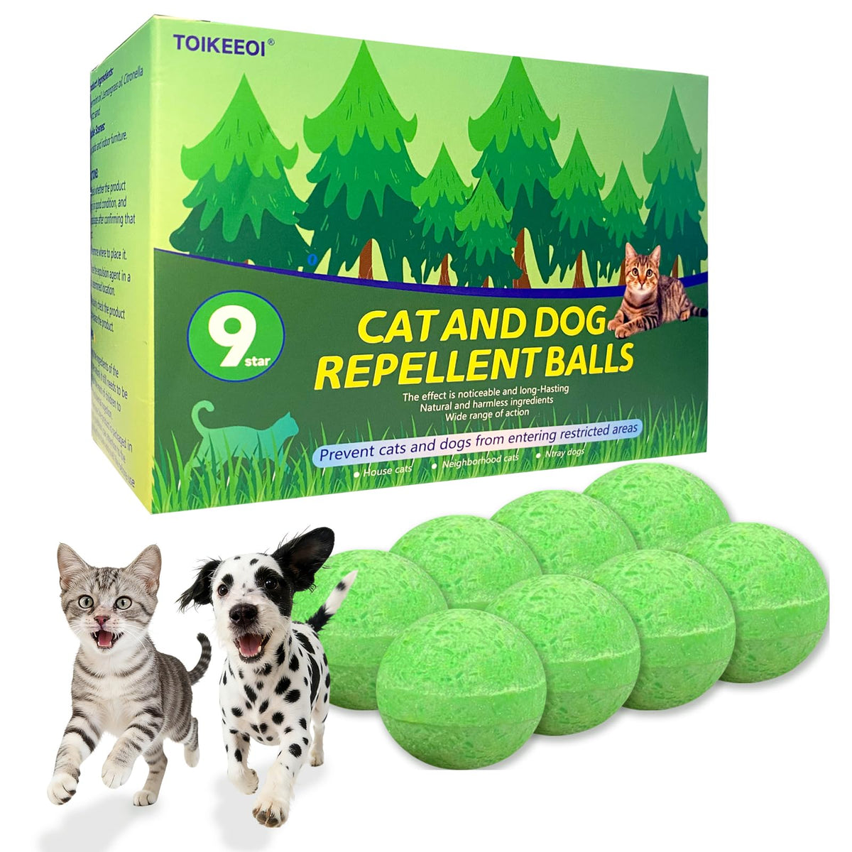 TOIKEEOI cat deterrent ball for outdoor coverage uses peppermint and lemon scent.