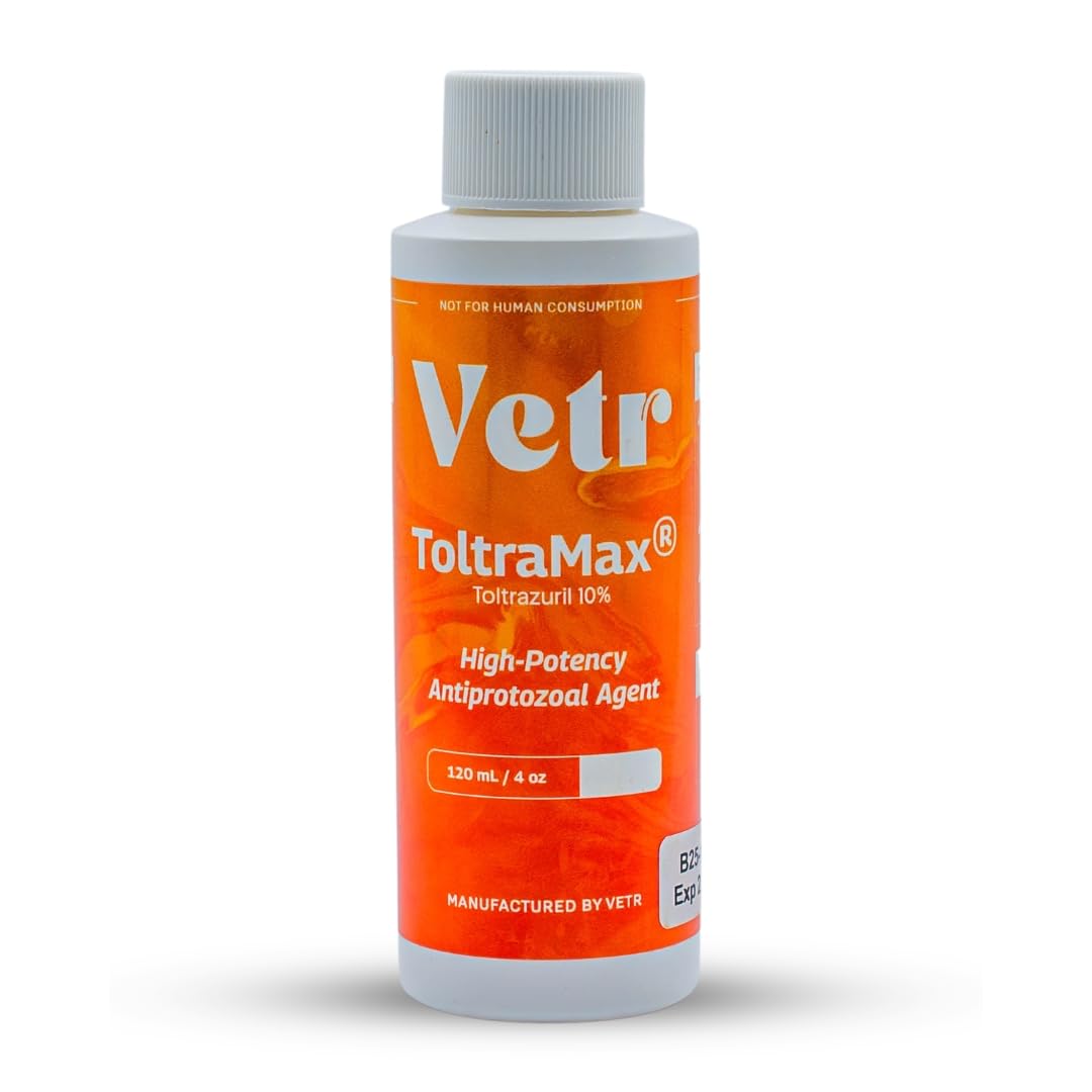 ToltraMax Toltrazuril 10% bottle for horses, dogs, and cats, with easy dosing.