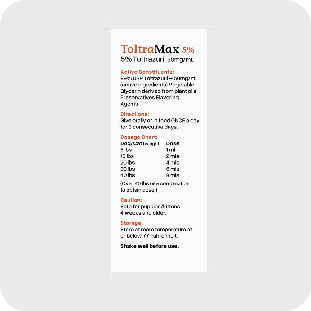 ToltraMax Toltrazuril 5.0% oral suspension ready for dosing.