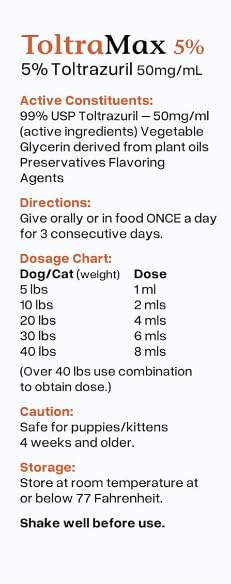 ToltraMax Toltrazuril apple flavor label with clear dosing information.